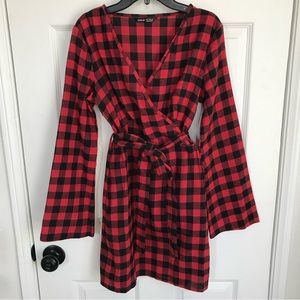 Shein Red Buffalo Plaid Wrap Mini Dress (S)